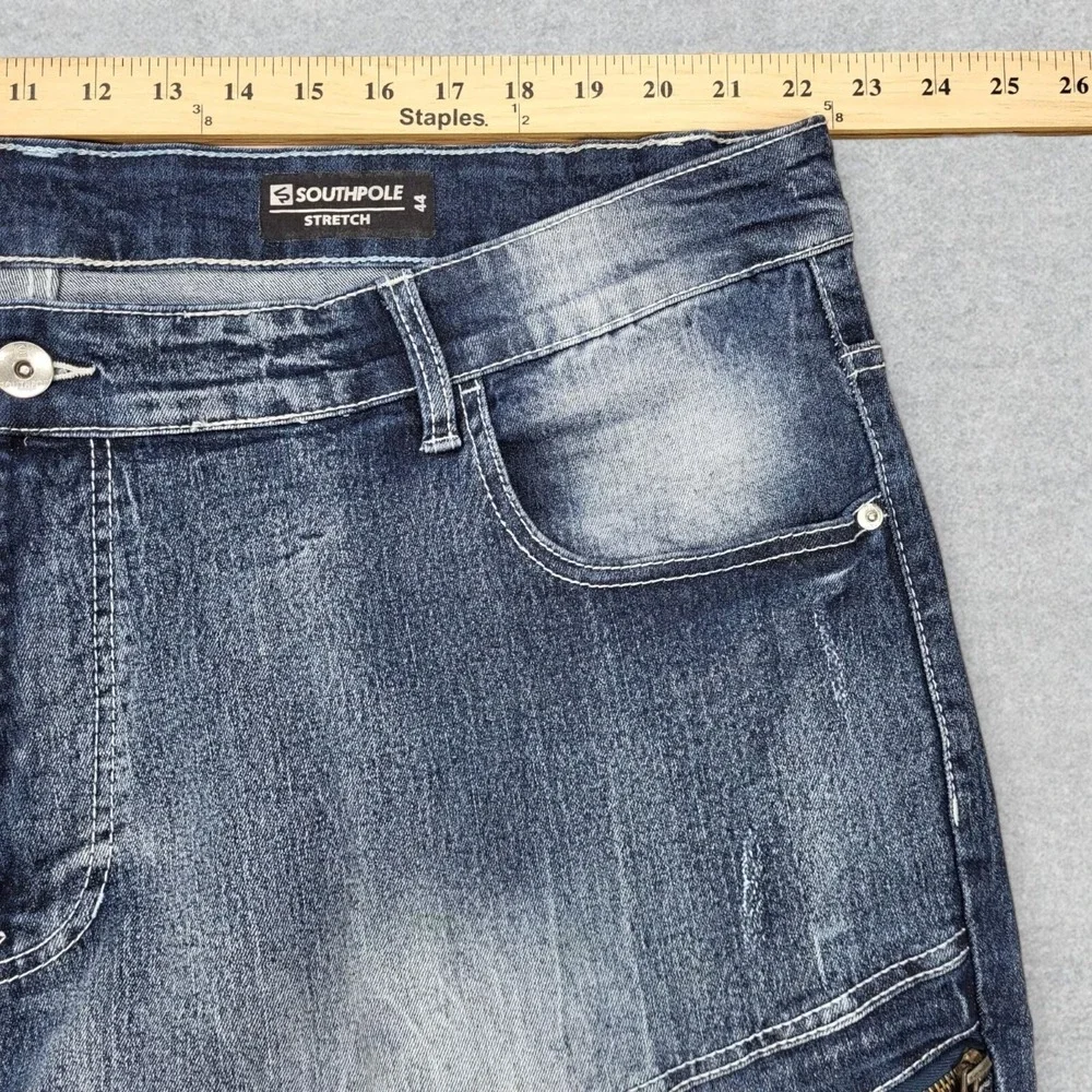 Southpole Shorts Men's 44 Blue Denim Moto Jorts Distressed Zips‎ Stretch Y2K